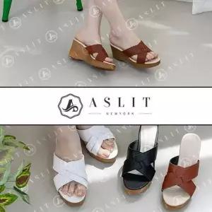 [애슬릿] 엑스 스트랩 가죽 웨지 통굽 슬리퍼 (5679647A)
