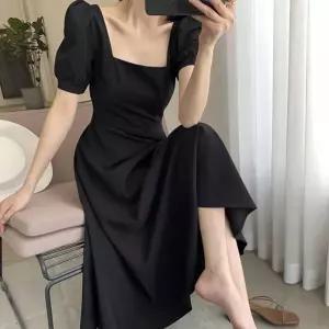 데이트 1P 여성 A라인 하객룩 블랙 벌룬소매 롱원피스