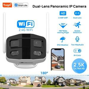 Tuya Smart 4MP 2.5K 듀얼 렌즈 대형 와이드 180 ° 보안 카메라 실외 카메라 컬러 나이트 비전/사이렌/양