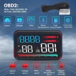 차량용 OBD2 HUD 장치 실시간 속도 RPM 연료 소비량 및 배터리 전압 표시 전용 온/오프 전원 버튼 포함