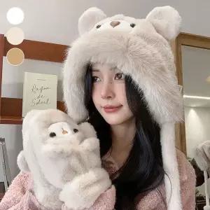 귀여운 곰돌이 모자 방한모 장갑 카멜 아이보리