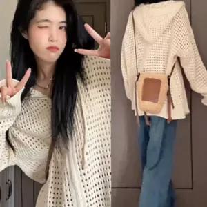 여성 그물 니트 아이보리 자켓 간절기 후드 집업 오버핏 펀칭 크로셰 가디