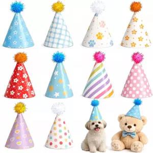 GIFTSSU 10팩 소형견 고양이용 미니 반려동물 생일 파티 모자 조절 가능한 신축성 스트랩이 있는 컬러풀