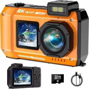 SPUNALP UHD 8K 수중 카메라 70MP 33FT WiFi 방수 디지털 32GB 카드 오토 포커스 듀얼 스크린 셀피 2500mAh
