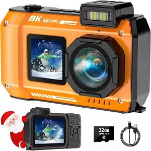 SPUNALP 70MP 33FT WiFi 방수 디지털 카메라 32GB 카드 UHD 8K 수중 18배 플로팅 오토 포커스 듀얼 스크린