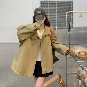 여성 스탠드 칼라 자켓 봄 가을 빅사이즈 소매 코튼 포켓 슬림 탑