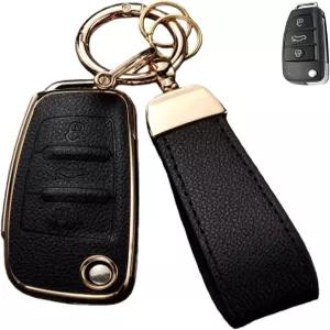 Audi A1 A3 Q3 Q7 R8 A6L TT용 키 체인 상부 가죽 소프트 TPU 커버 케이스 쉘이 있는 Axtrulix 포브 블랙