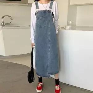 멜빵원피스 여성 언발 데님 멜빵 롱원피스 1P 레이어드 청치마