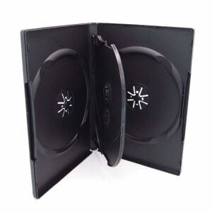 양면 플립 트레이와 아웃터 클리어 슬리브가 있는 25팩 MAXTEK 스탠다드 14MM 블랙 쿼드 4 디스크 DVD 케이스