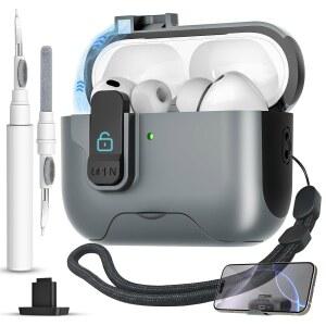 보안 잠금 클립이 있는 AIRPODS PRO 3 케이스용 MEIYASY(2025) 랜야드 및 클리닝 키트가 애플호환 AIRPOD 3세대용 자동 팝업 풀 드롭 보호 하드 커버(그레이A)