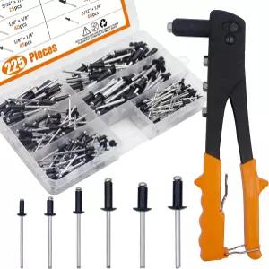 ISPINNER 225pcs 블랙 알루미늄 블라인드 리벳 모음 키트 헤비 듀티 핸드 총 도구 6 사이즈 팝 및 디바이더