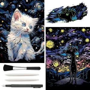 어두운 스크래치 아트 무지개 페인팅 페이퍼 반 고흐 스타일 각인 크리에이티브 공예 도구 세트 청소년 및
