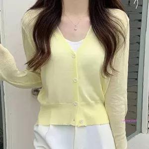 여자 시스루 캐주얼 브이넥 여성 여름 카디건 크롭 니트 볼레로 가디건 린넨가디 로브 리스트ssu276