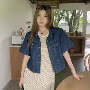 여름 여자용 레이어드 자켓 세미크롭 데님 반팔 남방 청