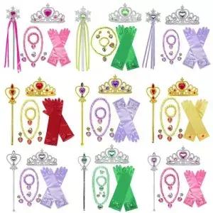 공주 드레스업 액세서리 세트 왕관 지팡이 장갑 귀걸이 쥬얼리 키트 생일 할로윈 코스프레 파티용