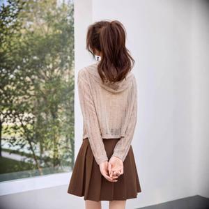 코아픽샵 여성 하이웨스트 후드 펀칭 니트 카디건 숏 여름 쿨링 얇은 겉감 작은 숄