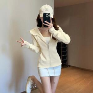 여성 후드 카디건 봄 가을 블루 트레이닝 상의 쇼트