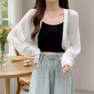 여성 비치웨어 얇은 긴팔 숄 가디건 투명한 썸머 볼레로