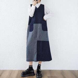 여성 가을 빅사이즈 박시 체크 데님 나시 스커트 위에 롱 조끼