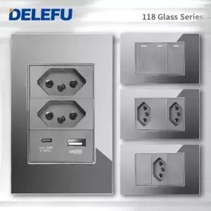 DELEFU 강화 회색 유리 브라질 표준 콘센트 듀얼 USB C 타입 스위스 벽 소켓 조명 스위치 118mm 10A 20A