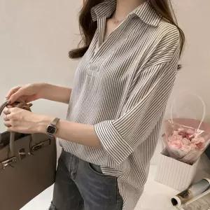 스트라이프셔츠 세로 7부 남방 반오픈카라 여성 2컬러 JNh45gVr
