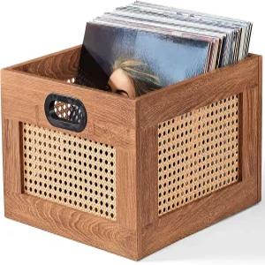 LELELINKY 비닐 레코드 보관함 손잡이가 달린 라탄 최대 75 LP 데스크탑 큐브 앨범 티 브라운