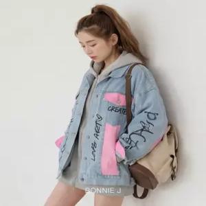 [보니제이]핑크 그래피티 프린팅 청 데님자켓