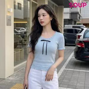 [숲][SOUP] 페미닌 프릴 넥 리본 포인트 반팔 니트 (SA6SK84)