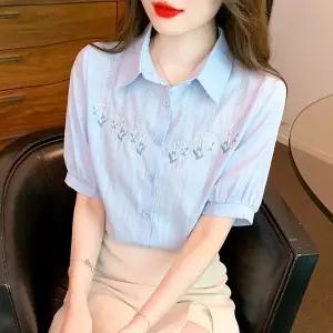 에쥬아 여성 자수 면셔츠 반팔 벌룬 소매 셔츠 정장 블라우스 셔츠