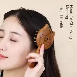 골드 스레드 샌들우드 엉킴 방지 브러쉬 마사지 빗 귀여운 고양이 디자인의 긴 머리 가정용 두꺼운 빗살