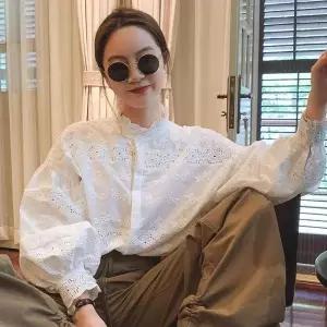 여성용 플라워 레이스 펀칭 블라우스 긴팔 가디건 셔츠