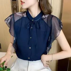 여성 여름 망사 프릴 장식 반팔 시폰 셔츠 패션 심플 컴포트 톱