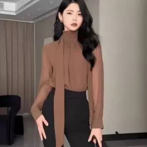 여성 봄 하이넥 블라우스 리본 면접 셔츠