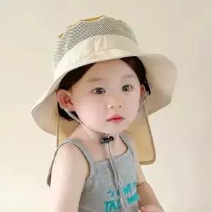 귀여운 미소 어부 모자 여름 메쉬 통기성 목 보호 태양 그늘 차양 캡 소년 여행 야외