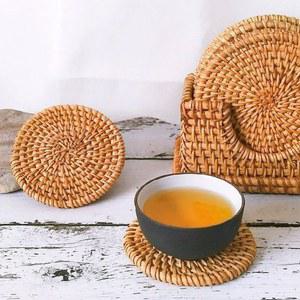 슬레이트 코스터 HEMU 수공예 라탄 컵받침 세트 보관함 포함 원형 직조 트리벳 테이블 보호용 내열 매트