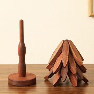 라탄 컵받침 단단한 나무 단열 매트 세트 내열성 테이블 가정용 홀더 접이식