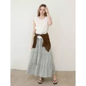 KELLY DONAHUE 리브레 체크 티어드 롱스커트 CREAM 1384520