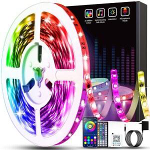 침실용 50피트 LED 조명 리모컨이 있는 블루투스 스마트 앱 컨트롤 RGB 색상 변경 스트립 조명 및 룸 키친 파티 홈 장식용 전원 어댑터