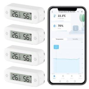 스마트 디지털 온도계 습도계 앱 알림 기능이 있는 WIFI 실내 온도 습도 센서 데이터 저장 및 내보내기 미니 온도계 ALEXA와 호환됨. 4PCS