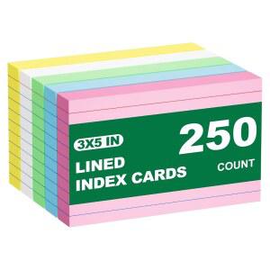 컬러 인덱스 카드 3x5 인치, 공부용 카운트 룰 플래시 카드 250장, 5팩 50장, 멀티컬러 노트 카드 안감 플래시 카드 벌크, 네온 플래시 카드 노트 카드, 학교, 가정, 사무실용 인덱스 카드 3x5