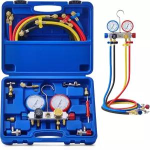 오리온 모터 테크 4방향 AC 진단 매니폴드 게이지 세트 R134A R410A 및 R22 냉매 5FT 호스 3개의 탱크