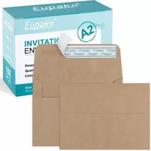유파코 A2 갈색 종이 봉투 100팩 4.375x5.75인치 초대장 RSVP 결혼식 감사 노트 인사 카드 사진 공지
