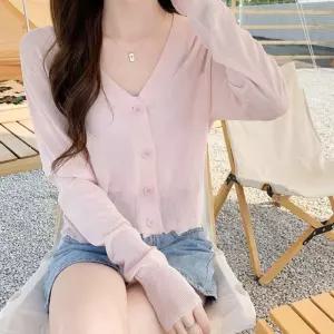 여성 여름 파스텔 칼라 얇은 기본 긴팔 가디건