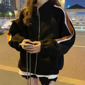 친절한탄씨 슬리브 배색라인 집업 자켓 기모안감 루즈핏 아우터 여성겨울자켓 청자켓 겨울뽀글이자켓