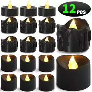 LED초 12개 Flameless 블랙 LED 전자 양초 배터리 운영 옐로우 빛 할로윈 크리스마스 파티