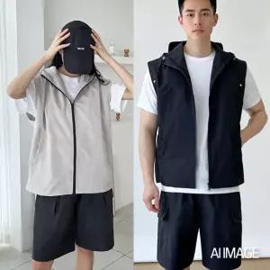 핏좋은 남성 밑단 스트링 후드 투웨이 집업 조끼 여름 통기 경량