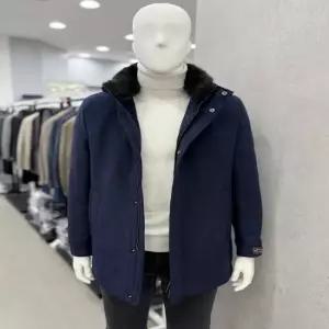 남자 캐시미어 울 혼방 천연모피 머스카렛 카라 탈부착 덕다운 숏 하프 코트 네이비JK