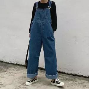 진청멜빵바지 여성 데님 오버롤 팬츠 와이드핏 청 멜빵 바지