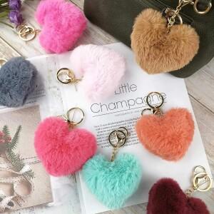 12/20Pcs 컬러 Pom 키 체인 대량 하트 푹신한 모피 퍼프 볼 여성용 열쇠 고리 사랑