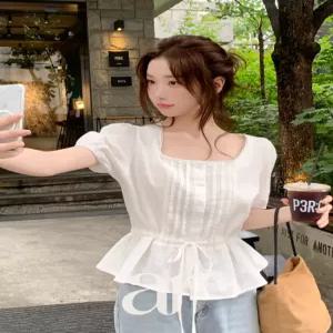 (페미닌/허리잘록핏) 스퀘어넥 핀턱 페플럼 레이스 블라우스 여름블라우스 여름하객룩 오피스룩 bs8858